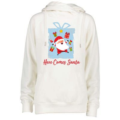 Christmas Here Comes Santa Gift Box Womens Funnel Neck Pullover Hood