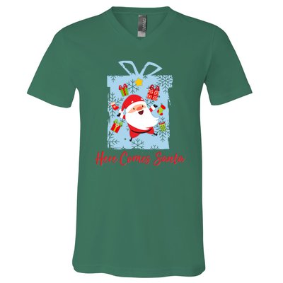 Christmas Here Comes Santa Gift Box V-Neck T-Shirt