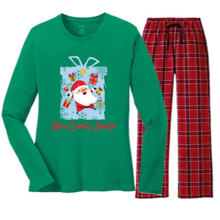 Christmas Here Comes Santa Gift Box Women's Long Sleeve Flannel Pajama Set 