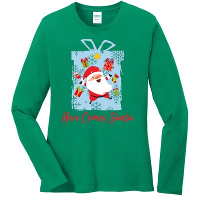 Christmas Here Comes Santa Gift Box Ladies Long Sleeve Shirt