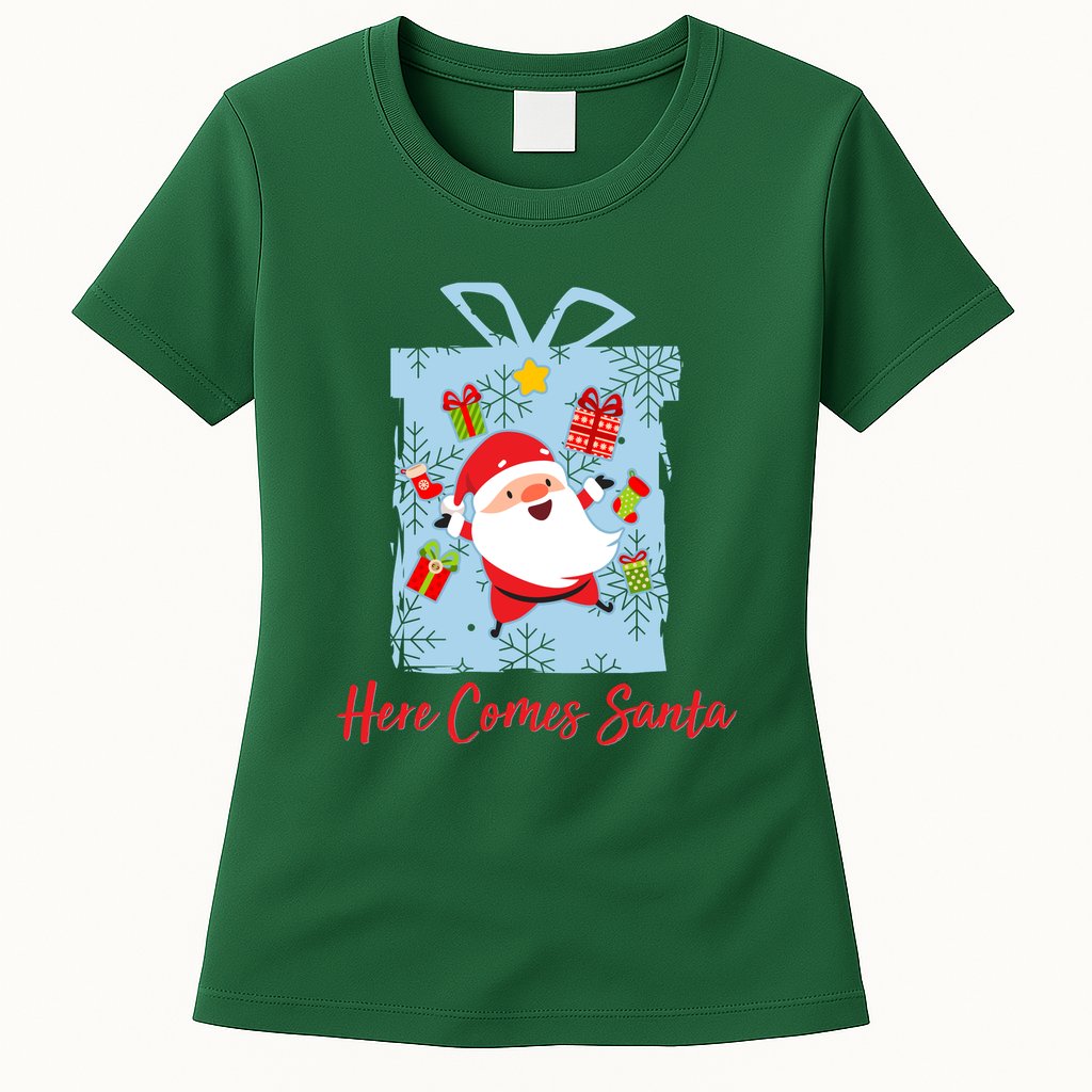 Christmas Here Comes Santa Gift Box Womens T-Shirt