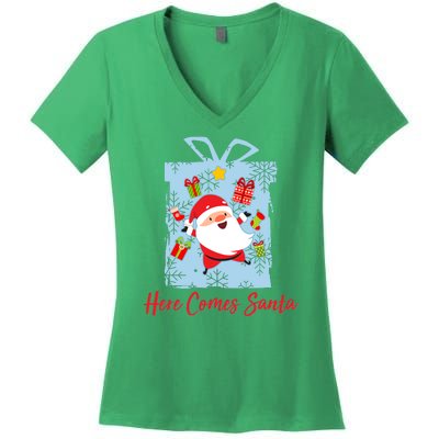 Christmas Here Comes Santa Gift Box Women's V-Neck T-Shirt