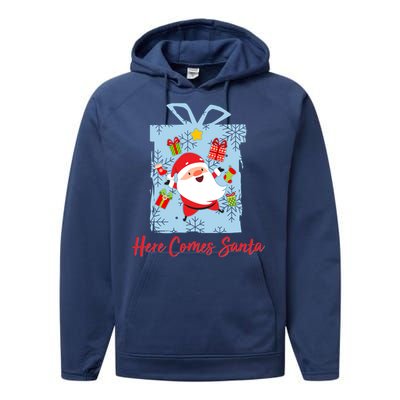 Christmas Here Comes Santa Gift Box Performance Fleece Hoodie