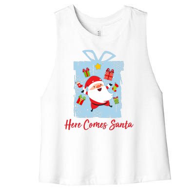 Christmas Here Comes Santa Gift Box Women's Racerback Cropped Tank