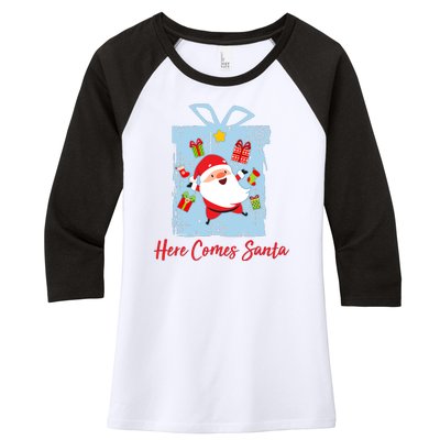 Christmas Here Comes Santa Gift Box Women's Tri-Blend 3/4-Sleeve Raglan Shirt