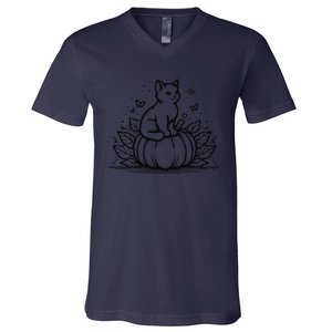 Cute Halloween Cat Setting On A Pumpkin For Cute Cat Lover V-Neck T-Shirt