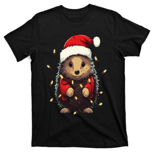 Cute Hedgehog Christmas Lights Santa Hat Xmas Pajama T-Shirt