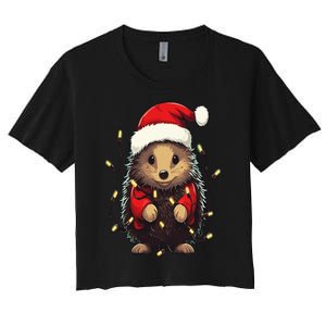 Cute Hedgehog Christmas Lights Santa Hat Xmas Pajama Women's Crop Top Tee