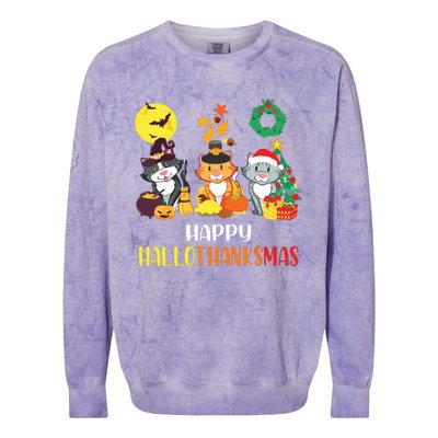 Cat Halloween Christmas Happy Hallothanksmas Thanksgiving Colorblast Crewneck Sweatshirt