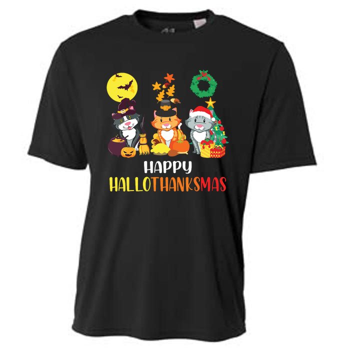 Cat Halloween Christmas Happy Hallothanksmas Thanksgiving Cooling Performance Crew T-Shirt