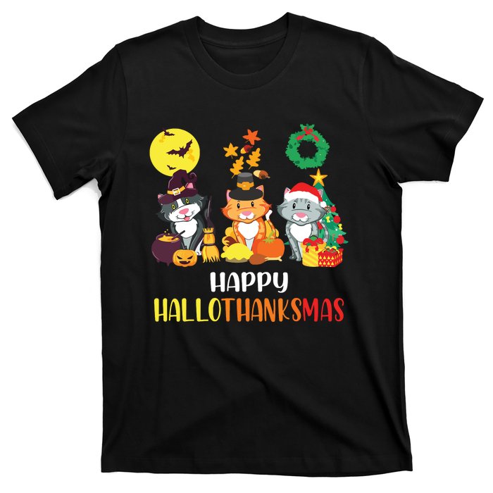 Cat Halloween Christmas Happy Hallothanksmas Thanksgiving T-Shirt