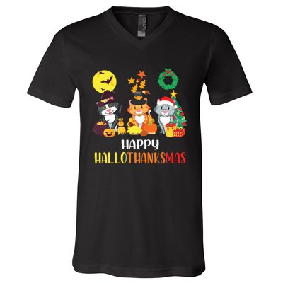 Cat Halloween Christmas Happy Hallothanksmas Thanksgiving V-Neck T-Shirt