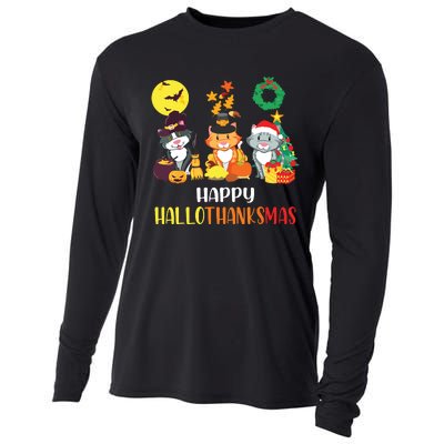 Cat Halloween Christmas Happy Hallothanksmas Thanksgiving Cooling Performance Long Sleeve Crew