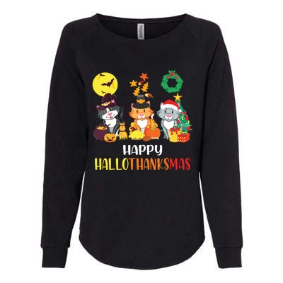 Cat Halloween Christmas Happy Hallothanksmas Thanksgiving Womens California Wash Sweatshirt