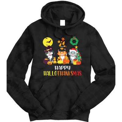 Cat Halloween Christmas Happy Hallothanksmas Thanksgiving Tie Dye Hoodie