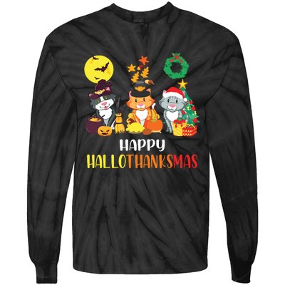 Cat Halloween Christmas Happy Hallothanksmas Thanksgiving Tie-Dye Long Sleeve Shirt