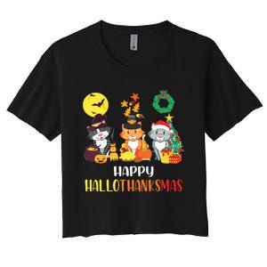 Cat Halloween Christmas Happy Hallothanksmas Thanksgiving Women's Crop Top Tee