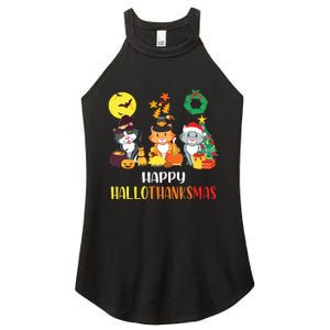 Cat Halloween Christmas Happy Hallothanksmas Thanksgiving Women's Perfect Tri Rocker Tank