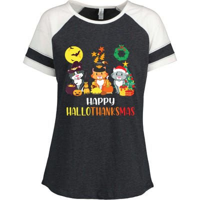 Cat Halloween Christmas Happy Hallothanksmas Thanksgiving Enza Ladies Jersey Colorblock Tee