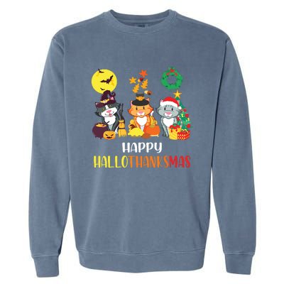 Cat Halloween Christmas Happy Hallothanksmas Thanksgiving Garment-Dyed Sweatshirt