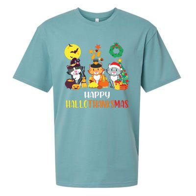 Cat Halloween Christmas Happy Hallothanksmas Thanksgiving Sueded Cloud Jersey T-Shirt