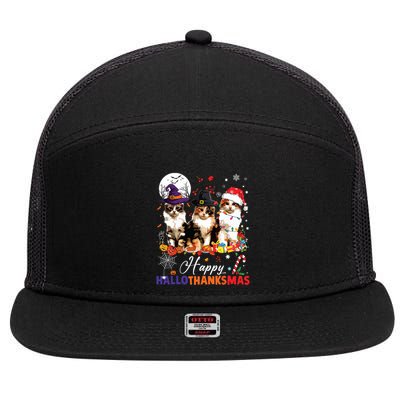Cat Halloween Christmas Happy Hallothanksmas Thanksgiving 7 Panel Mesh Trucker Snapback Hat
