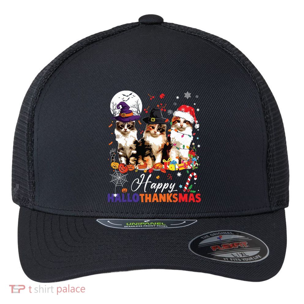 Cat Halloween Christmas Happy Hallothanksmas Thanksgiving Flexfit Unipanel Trucker Cap