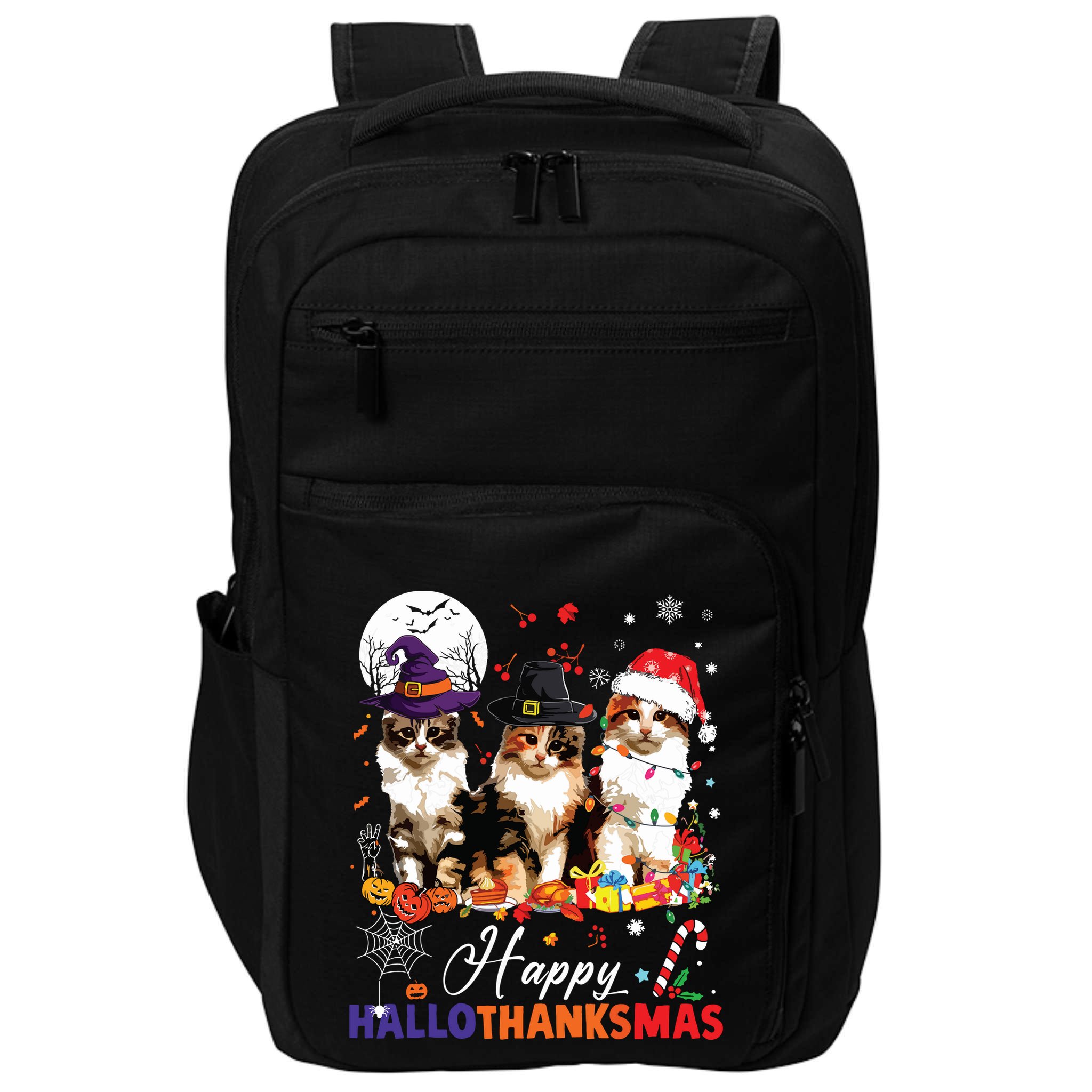 Cat Halloween Christmas Happy Hallothanksmas Thanksgiving Impact Tech Backpack