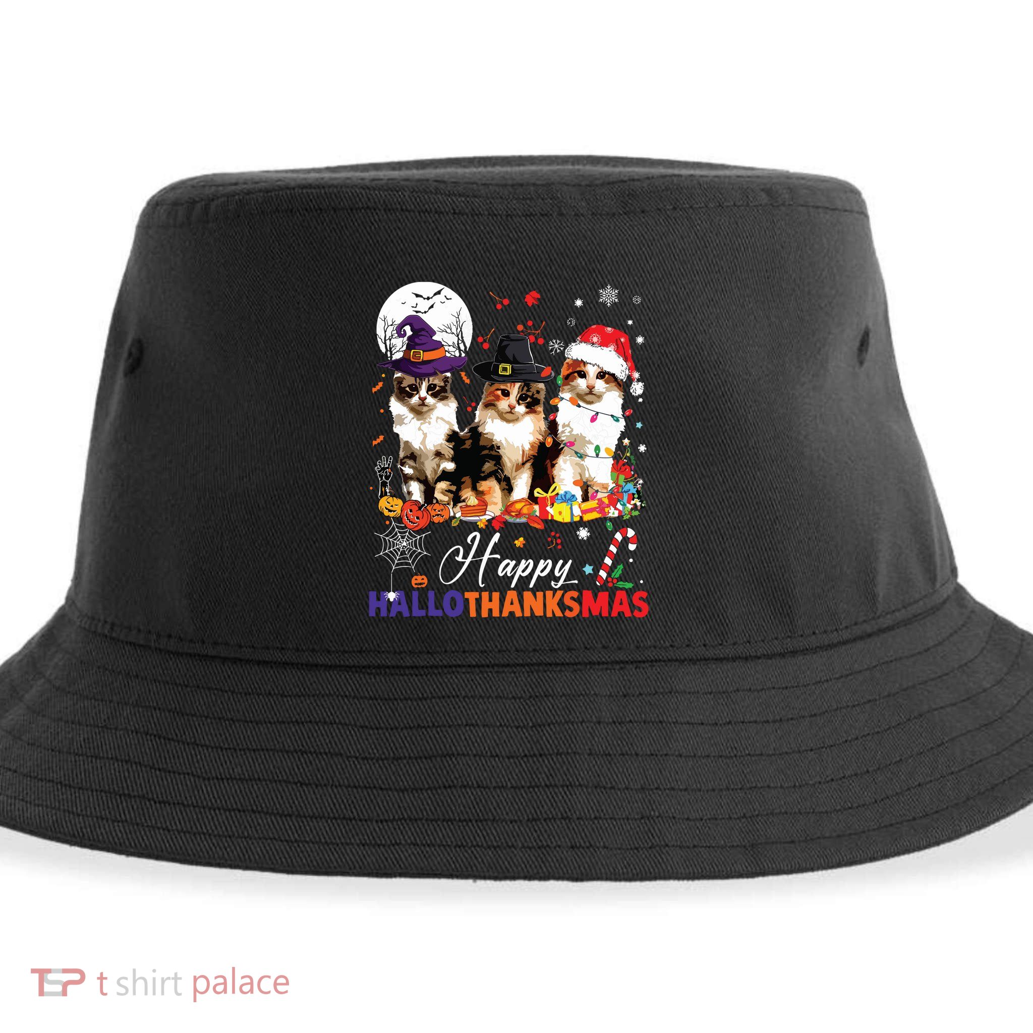 Cat Halloween Christmas Happy Hallothanksmas Thanksgiving Sustainable Bucket Hat