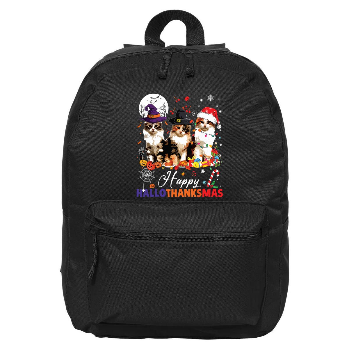 Cat Halloween Christmas Happy Hallothanksmas Thanksgiving 16 in Basic Backpack
