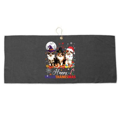 Cat Halloween Christmas Happy Hallothanksmas Thanksgiving Large Microfiber Waffle Golf Towel