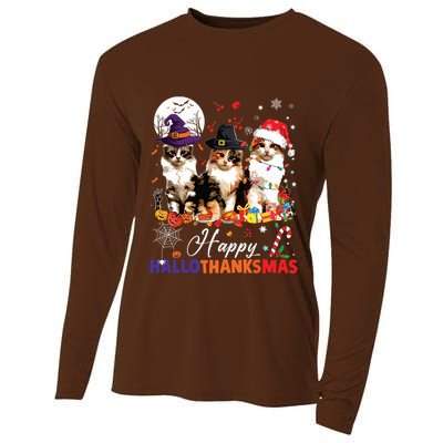 Cat Halloween Christmas Happy Hallothanksmas Thanksgiving Cooling Performance Long Sleeve Crew