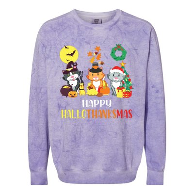 Cat Halloween Christmas Happy Hallothanksmas Thanksgiving Colorblast Crewneck Sweatshirt