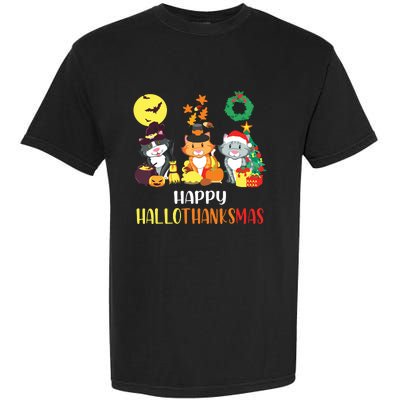 Cat Halloween Christmas Happy Hallothanksmas Thanksgiving Garment-Dyed Heavyweight T-Shirt