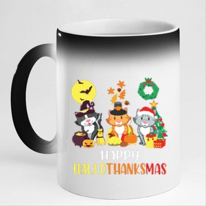 Cat Halloween Christmas Happy Hallothanksmas Thanksgiving 11oz Black Color Changing Mug