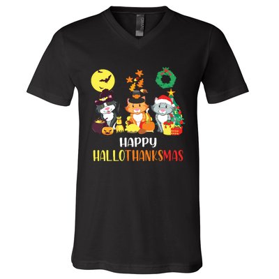 Cat Halloween Christmas Happy Hallothanksmas Thanksgiving V-Neck T-Shirt