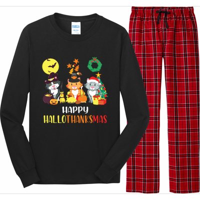 Cat Halloween Christmas Happy Hallothanksmas Thanksgiving Long Sleeve Pajama Set