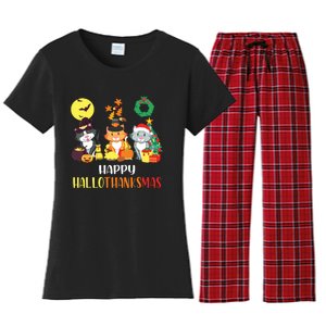 Cat Halloween Christmas Happy Hallothanksmas Thanksgiving Women's Flannel Pajama Set