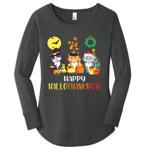 Cat Halloween Christmas Happy Hallothanksmas Thanksgiving Women's Perfect Tri Tunic Long Sleeve Shirt