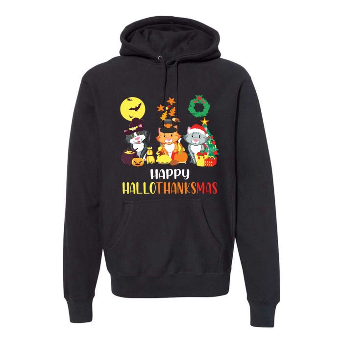 Cat Halloween Christmas Happy Hallothanksmas Thanksgiving Premium Hoodie