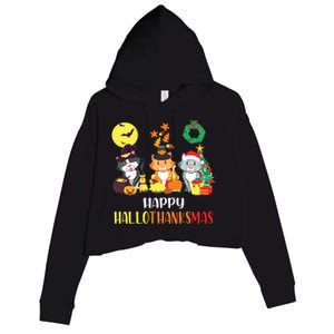 Cat Halloween Christmas Happy Hallothanksmas Thanksgiving Crop Fleece Hoodie