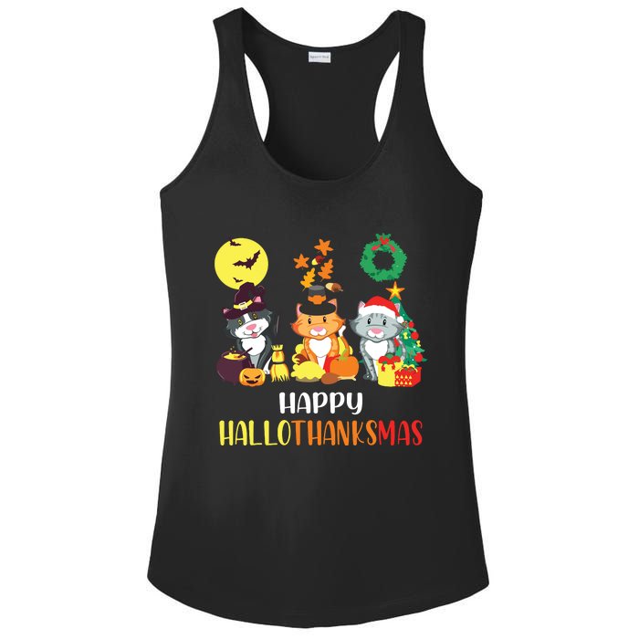 Cat Halloween Christmas Happy Hallothanksmas Thanksgiving Ladies PosiCharge Competitor Racerback Tank