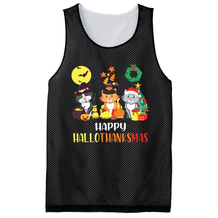 Cat Halloween Christmas Happy Hallothanksmas Thanksgiving Mesh Reversible Basketball Jersey Tank