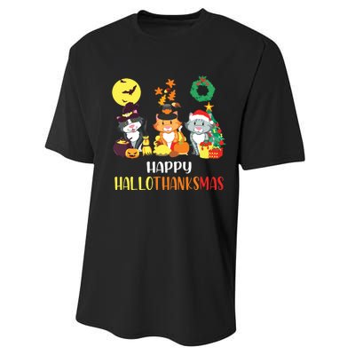 Cat Halloween Christmas Happy Hallothanksmas Thanksgiving Performance Sprint T-Shirt