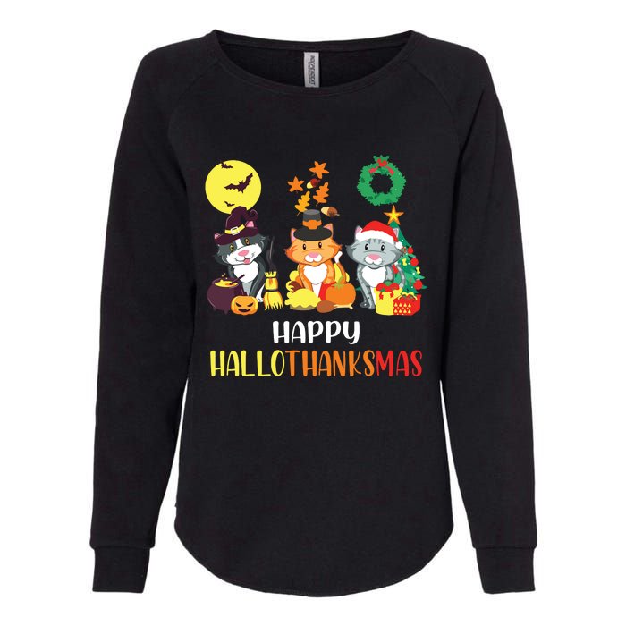 Cat Halloween Christmas Happy Hallothanksmas Thanksgiving Womens California Wash Sweatshirt