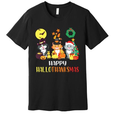 Cat Halloween Christmas Happy Hallothanksmas Thanksgiving Premium T-Shirt