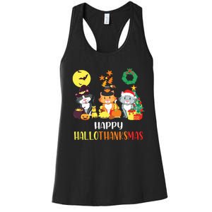 Cat Halloween Christmas Happy Hallothanksmas Thanksgiving Women's Racerback Tank