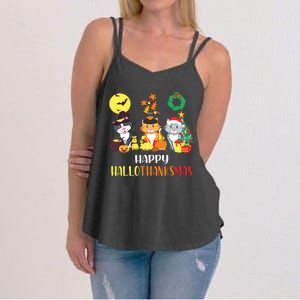 Cat Halloween Christmas Happy Hallothanksmas Thanksgiving Women's Strappy Tank