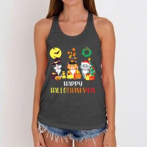 Cat Halloween Christmas Happy Hallothanksmas Thanksgiving Women's Knotted Racerback Tank