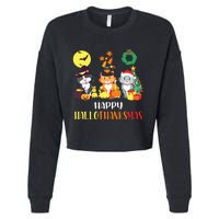 Cat Halloween Christmas Happy Hallothanksmas Thanksgiving Cropped Pullover Crew